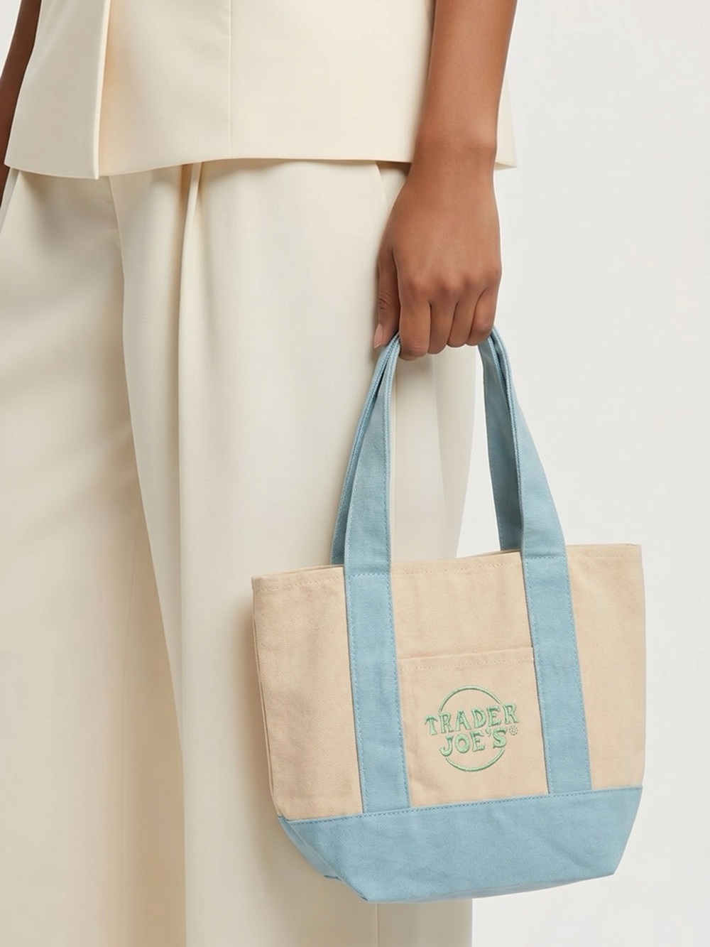 Trader Joe's Beige Canvas Tote with Light Blue Trim